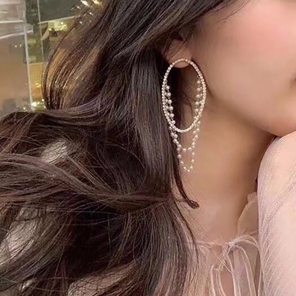 Jewelry - Oval Hoop Pearl Strands Drop Rhinestone Earrings